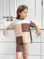 SHEIN Kids SUNSHNE Young Girls' Knitted Two Piece Set Including Loose Fit Color Block Top And Matching Shorts