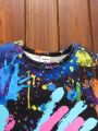 SHEIN Toddler Boys' Casual Ink Splash Print Short Sleeve T-shirt And Shorts Set