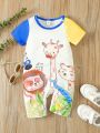 Baby Boy Cartoon Animal Pattern Short Sleeve Jumpsuit With Round Neckline