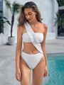 SHEIN Leisure Ruffle Trim Asymmetrical Shoulder One-Piece Swimsuit