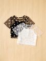 SHEIN Kids FANZEY 4pcs/Set Tween Girls' Round Neck Flower Pattern Mesh T-Shirt With Inner Camisole Tank Top