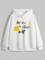 DhanzCk Women's Plus Size Cartoon And Slogan Printed Pullover Hoodie With Drawstring