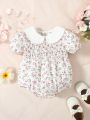 Casual, Comfortable, Cute And Stylish Flower-Printed Collar And Texture Fabric Shirred Bodysuit With Full-Printed Design For Baby Girls
