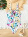 Girls Teen Floral Print Chest Pleated One Piece Swimsuit