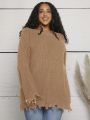 SHEIN CURVE+ Women'S Plus Size Drop Shoulder Sweater With Frayed Hem