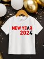 SHEIN Young Boys' Casual 2024 New Year Printed Short Sleeve Round Neck T-Shirt Suitable For Summer