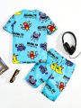 SHEIN Tween Boy's Casual Vacation Style Carton Print Round Neck Short Sleeve Top And Shorts Sports Suit, Knitted Tight Home Clothes, 2pcs/Set