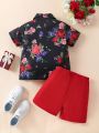 Boys' Floral Print Shirt And Solid Color Shorts Two-Piece Set