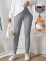 SHEIN Maternity Gray Fleece Lined Leggings With Letter Print