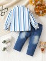 2pcs/set Baby Boys' Striped Long Sleeve Shirt And Denim Pants Outfit For Spring And Autumn, Fashionable And Trendy