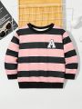 SHEIN Boys' Casual Comfortable Round Neck Sweatshirt With English Woven Label And Striped Pattern