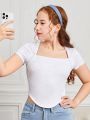 SHEIN Teen Girls' Knitted Solid Color Swan Collar Casual Short Sleeve T-Shirt