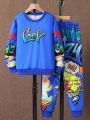 Boys' Graffiti Print Color Block Hoodie With Matching Graffiti Print Sweatpants Set, Street Wear Style