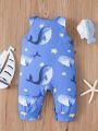 Baby Boys' Fashionable Casual Ocean Animals Printed Overalls Jumpsuit, Simple And Fresh, Spring/Summer