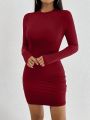 SHEIN PETITE Solid Color Slim Fit Long Sleeve Bodycon Dress