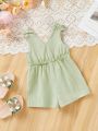 SHEIN Baby Girls' Casual Green Sleeveless Romper With Bowknot & Shorts