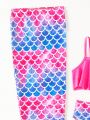 Young Girl'S Ruffle Trimmed Cami Top And Fish Pattern Bikini Set With Triangle Bottoms Plus Mermaid Tail Skirt