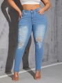 SHEIN SXY Plus Size Women's Skinny Jeans With Distressed Ripped Holes