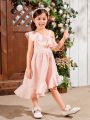 SHEIN Kids SUNSHNE Young Girl's Solid Color One-Shoulder Cami Ruffle Hem Casual Dress