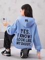 SHEIN Tween Girls' Hooded Fleece Sweatshirt With Slogan Print