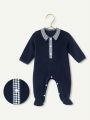 SHEIN Baby Girls' Navy Blue Elegant & Comfortable Contrast Color Collared Footed Jumpsuit For Home