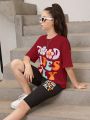 SHEIN Teen Girl Letter Printed Round Neck T-Shirt And Basic Shorts Set