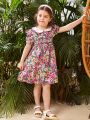 SHEIN Kids FANZEY Little Girls' Colorful Floral Printed Peter Pan Collar Bubble Sleeve Dress