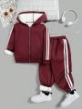 SHEIN Kids HYPEME Toddler Boys' Casual Knit Long Sleeve Top, Fluffy Hooded Cardigan, And Sweatpants Sports Suit