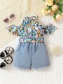 2-Piece Spring And Summer Baby Girl Floral Round Neck Off-Shoulder Top Denim Light Wash Shorts Fashion Trend Set