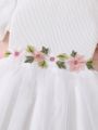 SHEIN Kids FANZEY Tween Girls' Elegant And Sweet Knit Splice Mesh Embroidered Flowers Decor Back Tie Dress