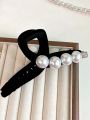 1pc Black Velvet Hair Claw Clip With Large Pearl Decoration For Women, Suitable For Updo Hair Styles