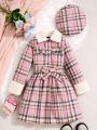 Tween Girls' Multi-Color Adorable Plaid Dress With Belt And Hat