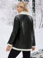 SHEIN Pregnant Women's Faux Leather Plus Velvet Jacket With Turn-down Collar