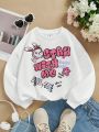 Tween Girls' Casual Cartoon Letter Print Round Neck Sweatshirt With Long Sleeves, Suitable For Autumn And Winter