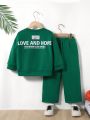 SHEIN Kids EVRYDAY Toddler Boys' Loose Fit Casual Round Neck Pullover Letter Print Sweater And Pants Set
