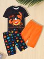 SHEIN Tween Boy Casual Street Style Cartoon Crab & Slogan Print Round Neck Sweatshirt & Shorts Set In Two Colors With Tight Knitted Homewear 2pcs/Set