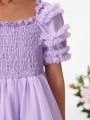 SHEIN Kids Cooltwn Young Girls' Wedding Season Square Neck Short Sleeve Shirred Net Yarn Dress