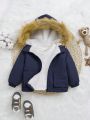 SHEIN Baby Boys' Thickened Hooded Coat With Collar, Side Pockets, Buttoned Flap Cover, Winter