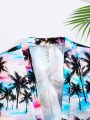 SHEIN Teen Boys' Hawaiian Style Palm Tree Print Woven Swimwear Set With Short Sleeve Shirt And Shorts