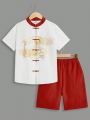 SHEIN Tween Boys' Chinese Style Stand Collar Shirt And Shorts Set With Printed Pattern For Casual Wear