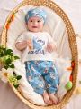 SHEIN Newborn Baby Boy's Cartoon Rabbit Patterned Round Neck Long-Sleeve Top With Lap Shoulder, Hat And Pants Pajamas 3pcs Set