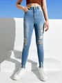 SHEIN Teen Girls Ripped Raw Hem Skinny Jeans