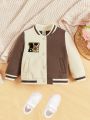 SHEIN Baby Girls' Casual Color Block Fleece Baseball Jacket With Letter Patches