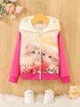SHEIN Kids CHARMNG Girls' Cat Print Hooded Vest Jacket For Toddler