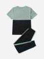 SHEIN Kids SPRTY Tween Boy Slogan Graphic Colorblock Tee & Contrast Side Seam Sweatpants