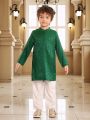 SHEIN Kids Nujoom Young Boy's Dark Green Jacquard Woven Shirt And White Pants Set