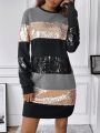 SHEIN LUNE Color Block Contrast Sequin Tee Dress