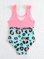 Young Girls' Leopard Print One Piece Swimsuit With Bow Detailing