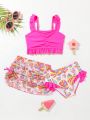Little Girls' Solid Color Top T-Shirt And Tropical Printed Bottoms Swimsuit Set