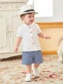 Baby Boy'S Casual Daily Outfit With Short Sleeve Stand Collar Shirt And Blue Shorts